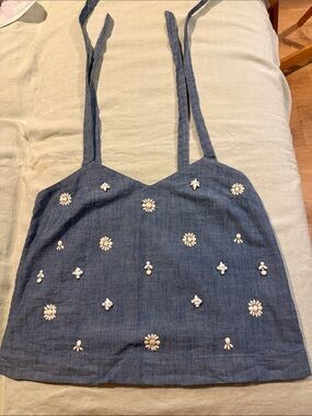 J. Crew, Beaded Chambray Blue Shoulder-Tie Top, Sz 8